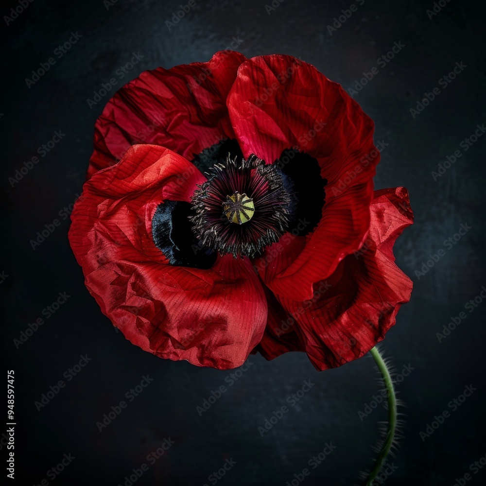 Wall mural A vibrant red poppy flower with delicate petals and a black center on a dark background.