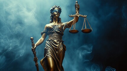 Bronze statue of the Goddess of Justice Themis.Copy space. Based on Generative AI