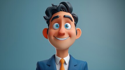 A cheerful businessman in a 3D cartoon style presenting an optimistic vibe in a professional setting