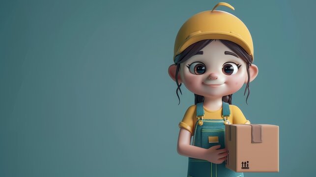 Cute cartoon delivery worker holding a package in a cheerful logistics setting during the day