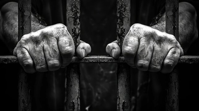Prisoner's hands gripping the bars of a jail cell during a moment of reflection on confinement