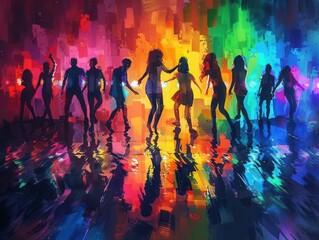 Obraz premium Silhouette of people dancing on a vibrant dance floor, colorful lights in the background, energetic and lively, dynamic movement, party atmosphere, detailed and expressive