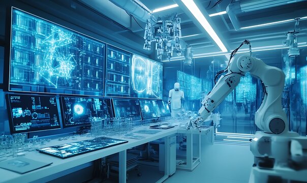 Advanced AI Research Lab with Complex Algorithms and Robotic Arms, Highly Technological Environment, Photo Realistic