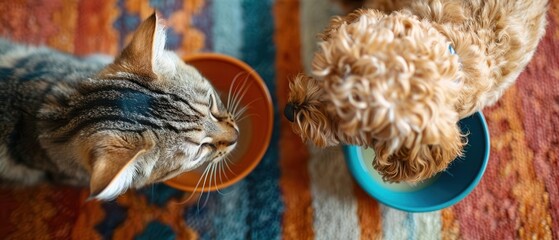 Obraz premium Overhead shot of a cat and dog with their heads in a shared bowl, vibrant colors, bright kitchen