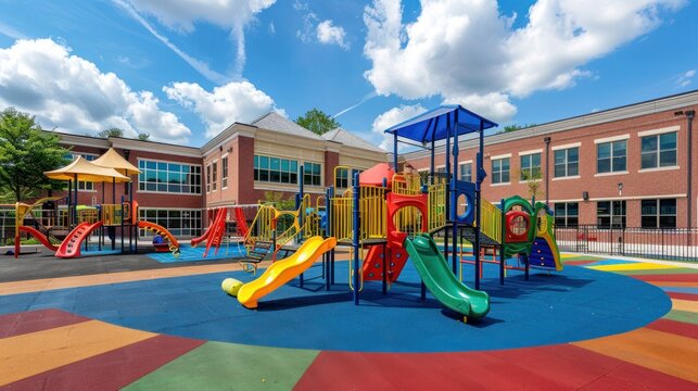 An elementary school playground with padded play surfaces, slides, monkey bars, and mazes, as well as a large brick building complex that houses the school building