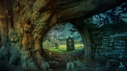 A view through gnarled tree branches into a graveyard.