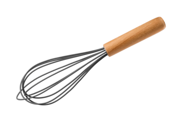 Kitchen whisk with wooden handle on a transparent background. Kitchen tool concept. isolated object