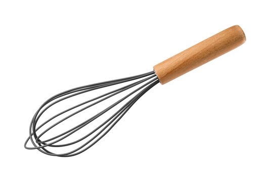 Kitchen whisk with wooden handle on a transparent background. Kitchen tool concept. isolated object