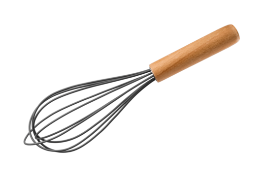 Kitchen whisk with wooden handle on a transparent background. Kitchen tool concept. isolated object
