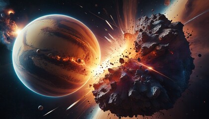 A detailed slow-motion shot of a planetary collision, with fragments and dust clouds erupting from the impact, capturing the violent and transformative processes in space, Generative AI