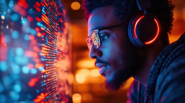 A professional photo featuring a web developer wearing headphones, intensely focused on coding on a desktop computer, with vibrant lines of code reflecting off the screen, the background softly