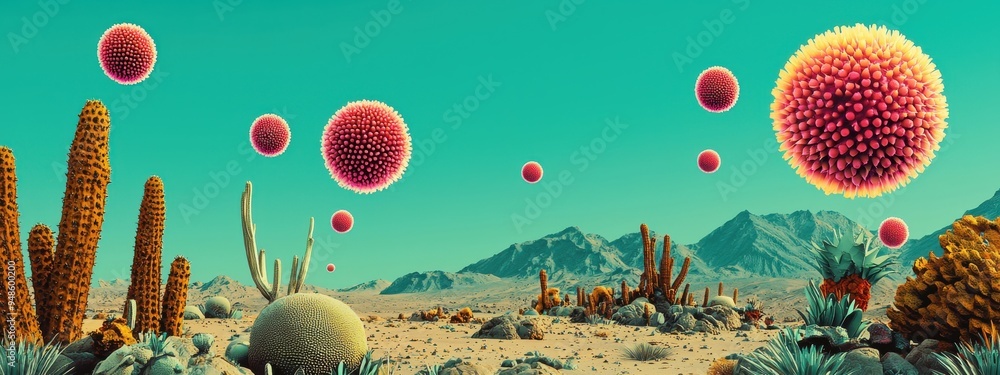 Poster a scene of a desert with barely any life, except for a few resilient microorganisms clinging to surv