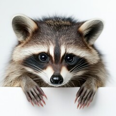Obraz premium A curious raccoon peering over a surface, showcasing its expressive eyes and distinctive facial markings in a captivating close-up.