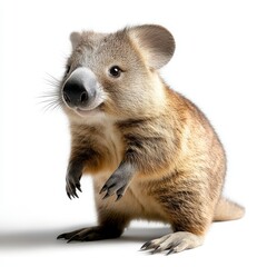 Fototapeta premium A cute, furry wombat stands upright, showcasing its adorable features and playful nature against a white background.
