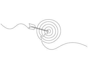 Continuous line drawing of arrow on target circle. Single line illustration of arrow on target. business market concept. Editable outline