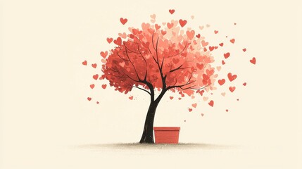 Obraz premium A tree with hearts as leaves, growing from a donation box, symbolizing the growth of charity through giving. The style is whimsical with a soft color palette, and space on the side for text