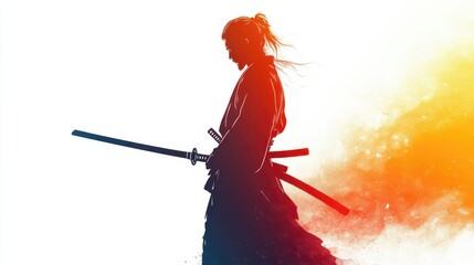 A silhouette of a samurai warrior holding a sword, set against a vibrant gradient background symbolizing strength and honor.