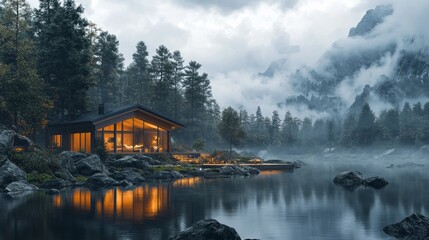 Fototapeta premium A cabin is surrounded by trees and a lake