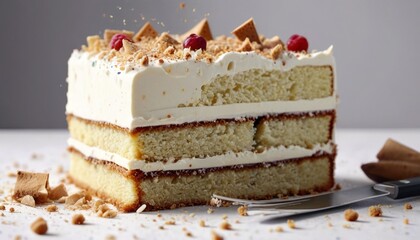 A slow-motion sequence of a cake being cut, with crumbs and frosting falling away in slow detail, capturing the softness and decadence of the dessert, Generative AI