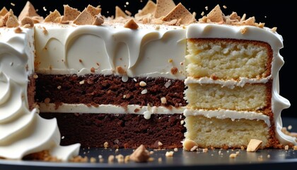 A slow-motion sequence of a cake being cut, with crumbs and frosting falling away in slow detail, capturing the softness and decadence of the dessert, Generative AI