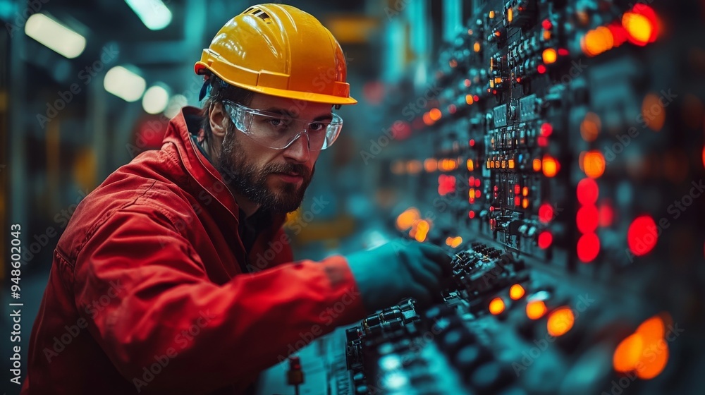 Poster industrial control: a focused worker in a hard hat and safety glasses monitors a complex control pan