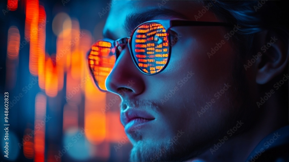 Poster code in his eyes: a young programmer, bathed in the neon glow of code reflecting in his glasses, emb
