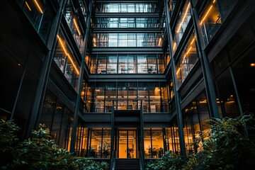 Fototapeta premium Modern office building exterior with glass walls and warm interior lighting during night