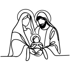 Biblical stories, Joseph and virgin Mary with Jesus Christ in her arms. Vector illustration, continuous one line drawing