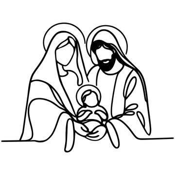 recommend clip art: Biblical stories, Joseph and virgin Mary with Jesus Christ in her arms. Vector illustration, continuous one line drawing