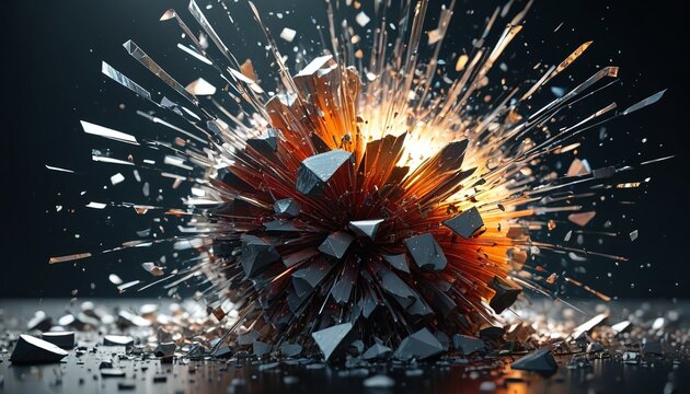A slow-motion depiction of a glass shattering after being struck, with shards and splinters flying in every direction, showcasing the delicate yet violent nature of the explosion, Generative AI