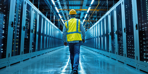 It engineer walking in server room corridor checking big data server farm