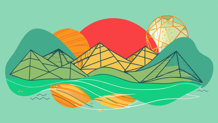 Watercolor, landscape, landscape painting, vector, abstract, color combination, texture, geometric shapes, golden elements, art, graphic composition, gold lines