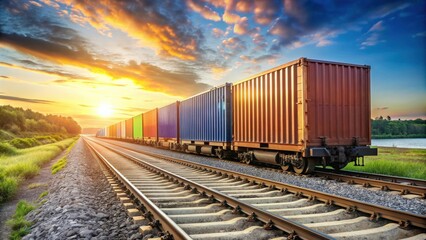 Fototapeta premium Freight train carrying cargo containers on railroad tracks, transportation, logistics, railway, industrial, shipping