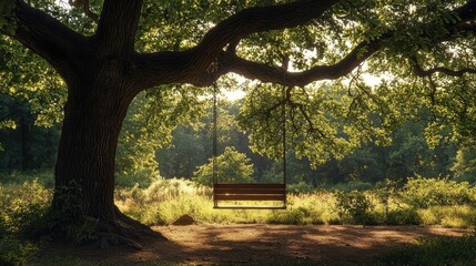 Fototapeta premium Old oak tree with a swing, a child reading in the dappled shade