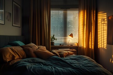 Cozy Bedroom with Golden Hour Sunlight Through Blinds Illuminating Interior Decor
