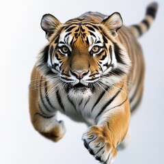 Fototapeta premium A powerful tiger leaps forward with strength and agility, showcasing its majestic presence in the wild.