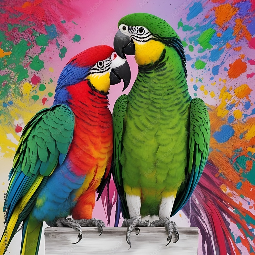 Wall mural two loving parrots on a branch color splash background