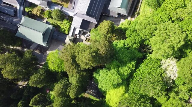 Aerial drone view of Eihei-ji and surrounding mountain forests. Eihei-ji is one of the two main temples of the Soto branch of Zen Buddhism, located in Japan's Fukui prefecture.