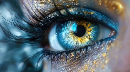 Close-up of a Blue Eye with Golden Sparkles and Reflected Trees