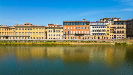 An aerial view of Florence, Italy, captured by a drone, highlighting the city's stunning Renaissance architecture and iconic landmarks. Florence, the cradle of the Renaissance, is renowned for it