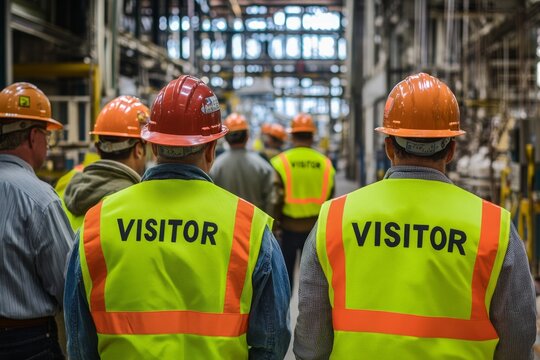 Visitors in safety vests and hard hats are touring an industrial site, focusing on safety equipment and inspection protocols to maintain a secure environment for everyone during the visit