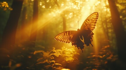 Fototapeta premium Death’s-head Hawkmoth in a mystical forest with amber light and ancient trees