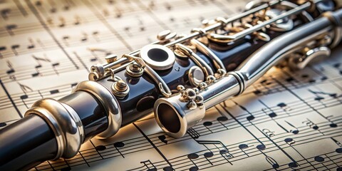 Obraz premium A close-up photo of musical notes and a clarinet, clarinet, music, instrument, notes, melody, harmony, classical