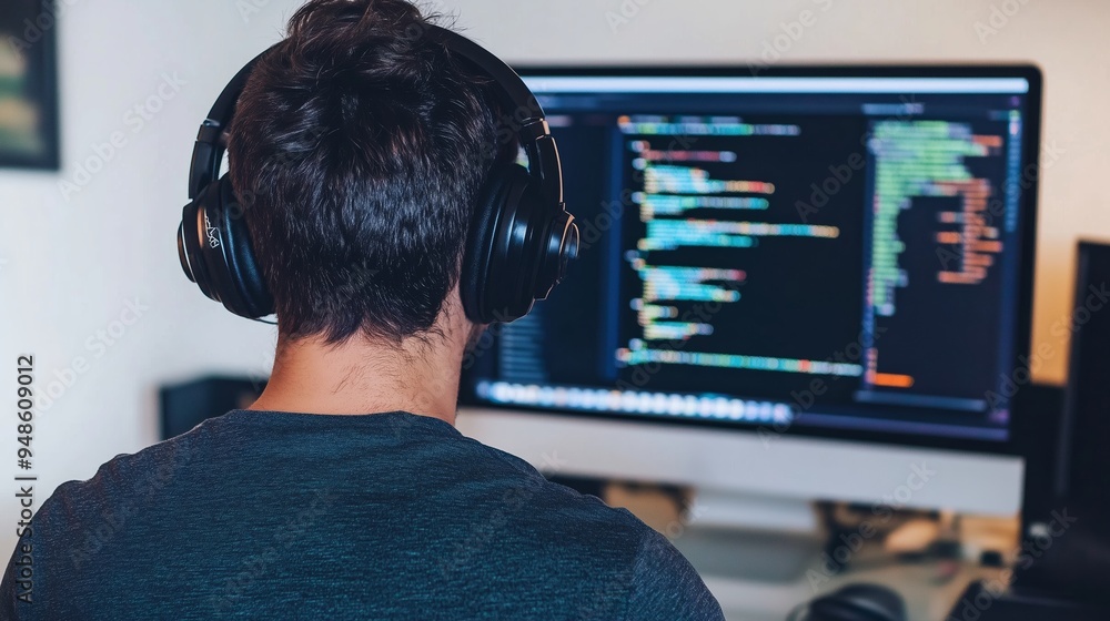Poster a programmer working intensely at their computer desk, coding software with headphones on in a cozy 