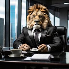 a lion is wearing a black suit, office in the background