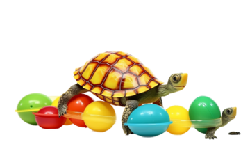 Playful Turtles with Floating Toys on White Background