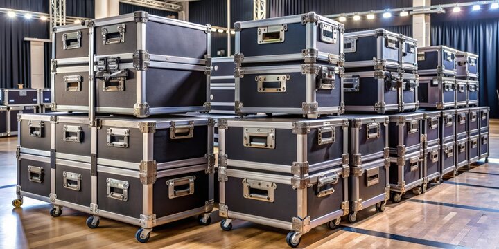 Stacked equipment cases at event venue , stacked, equipment, cases, event, venue, storage, transportation, stack