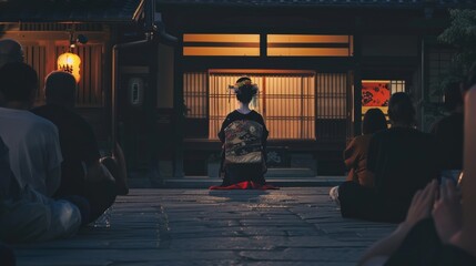 A woman in traditional Japanese dress sits in a dimly lit courtyard while others observe.