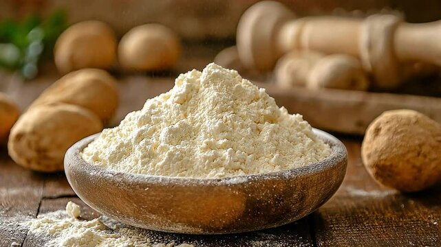 bowl of fine potato flour surrounded by fresh, unpeeled potatoes on a wooden surface. 