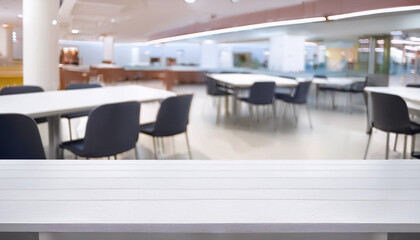 Fototapeta premium Empty tables in the food court of the shopping center. White tables and chairs with blurred shopping center food court background.